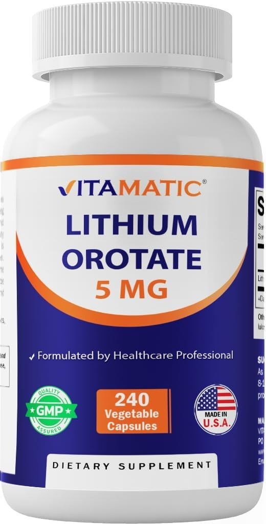 Vitamatic Lithium Orotate 5mg, 240 Veggie Capsules, Non-GMO, Gluten Free.USA