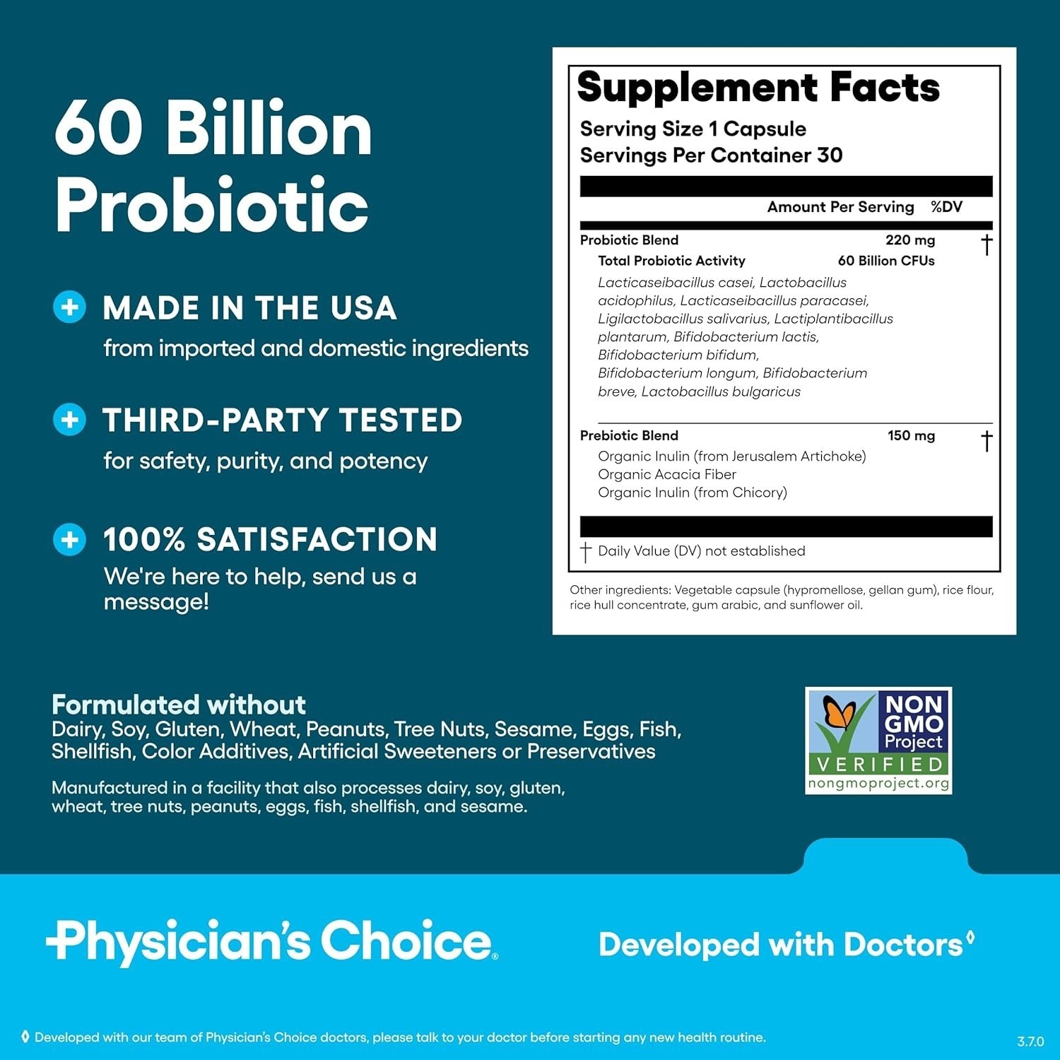 Physician’s CHOICE Probiotics 60 Billion CFU – 10 Strains + Organic Prebiotics –