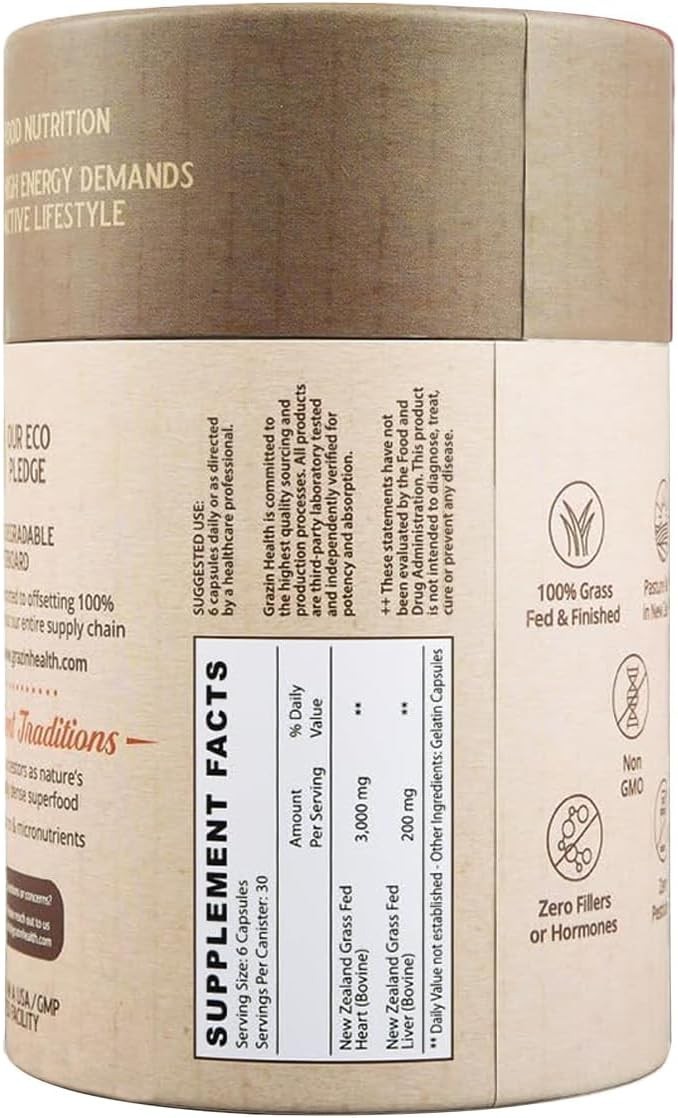Grass-Fed Freeze-Dried Bovine Heart & Liver Capsules 3000 mg per Serving