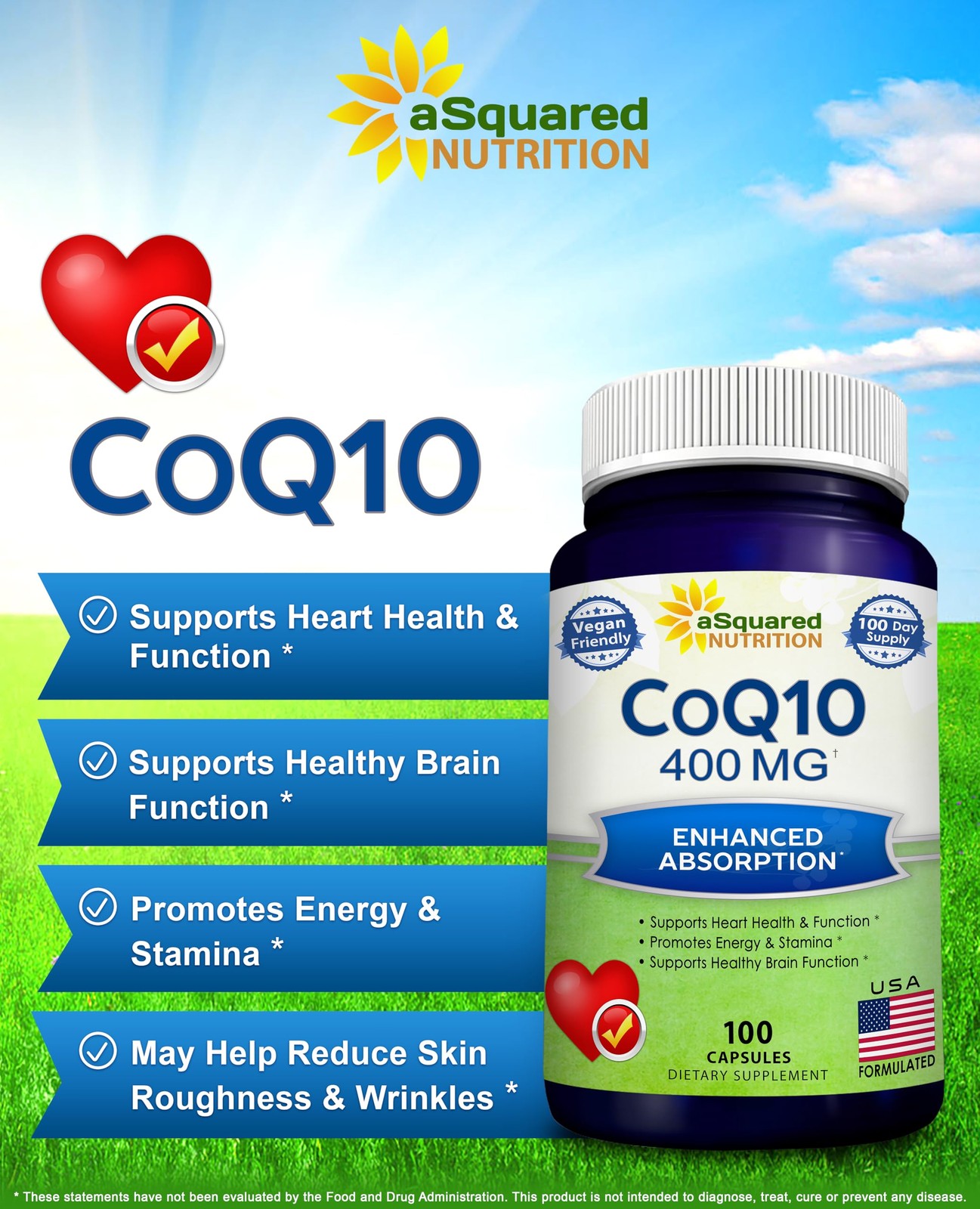 aSquared Nutrition CoQ10 (400mg Max Strength, 100 100 Count (Pack of 1)