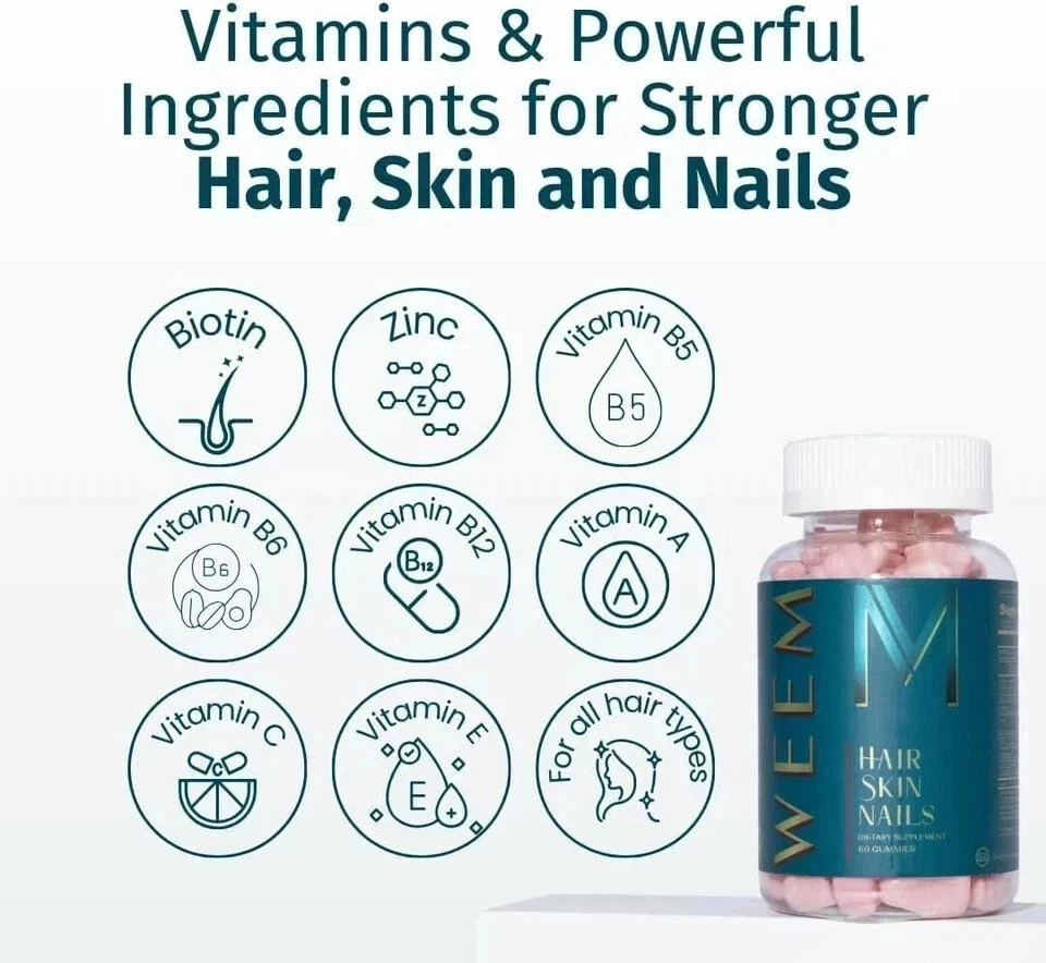 5 pack of WEEM Hair Skin and Nails Gummies, Vegan biotin Vitamins, Healthy Hair