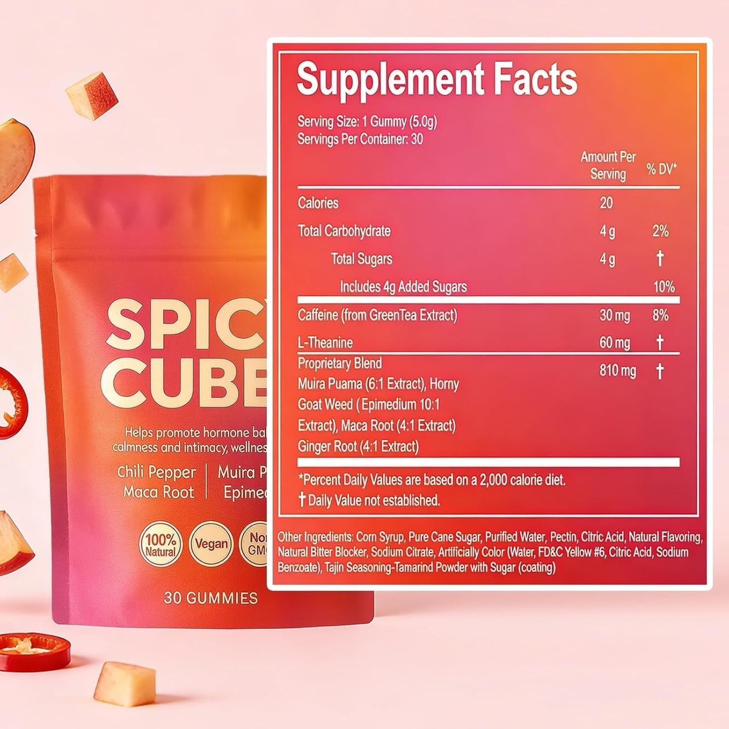 Peach Gummies Spicy Cubes 30 Gummies 1 Bag Support for Calm and Relaxation Hot