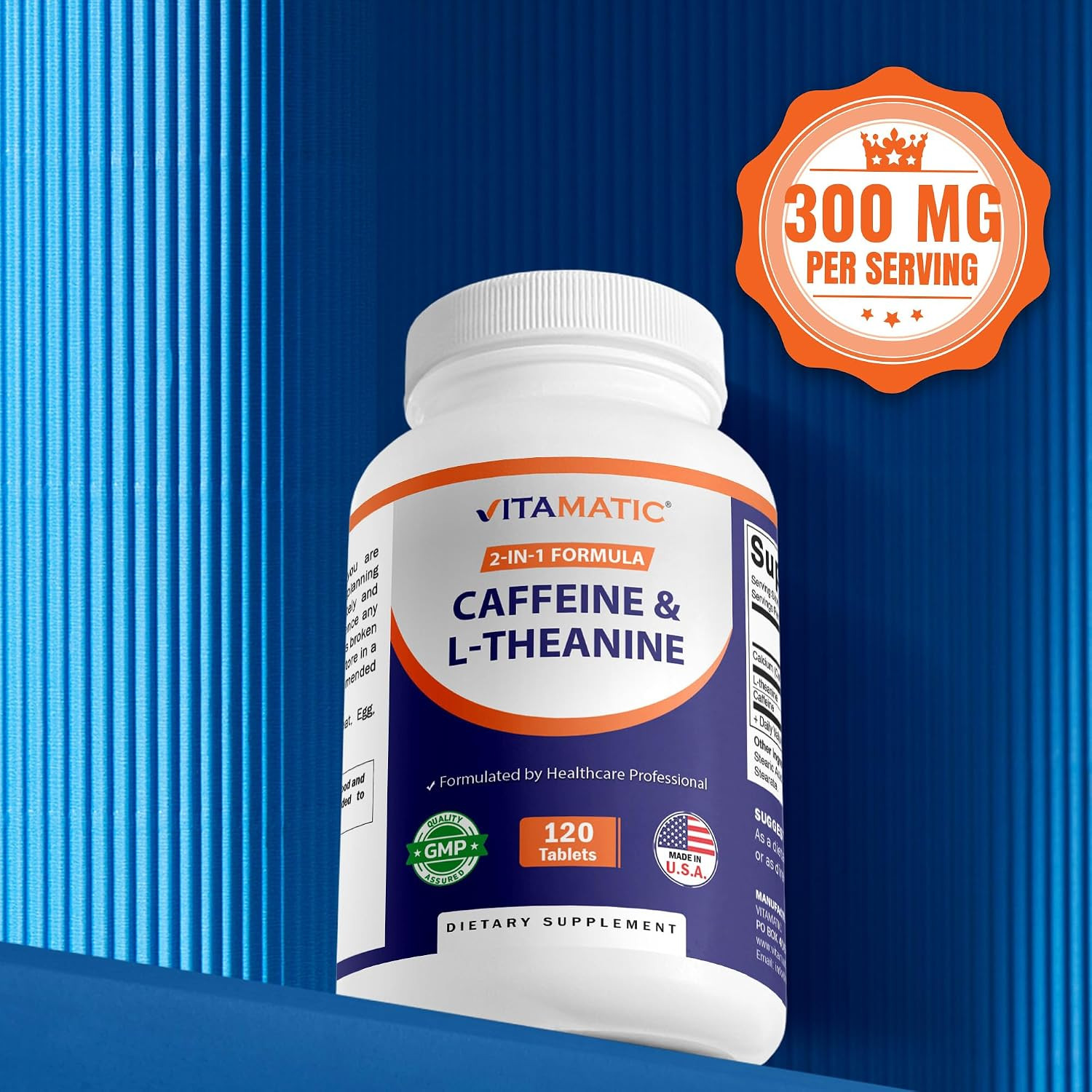 Vitamatic L-Theanine 200 mg with Caffeine 100 mg, 120 Tablets | Promote Calm Foc