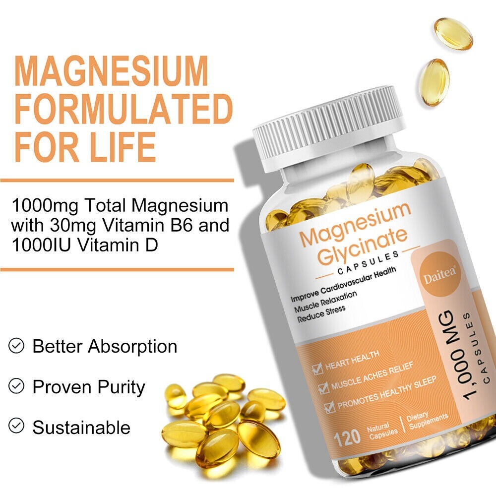 Magnesium Glycinate 1000mg – 30/60/120 Capsules For Sleep, Muscle & Heart Health