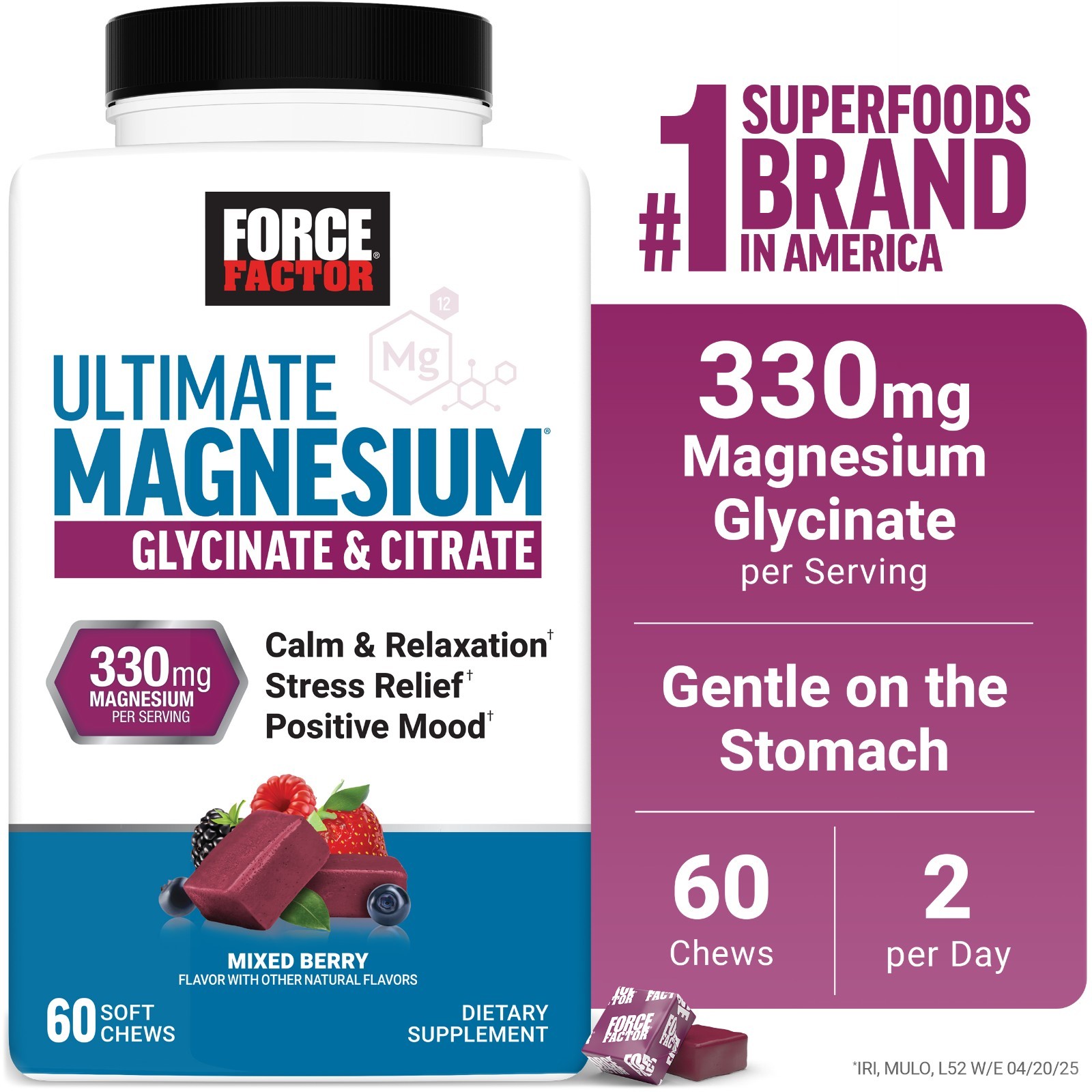 Force Factor Ultimate Magnesium 330mg Glycinate Citrate Relaxation Chews 60ct