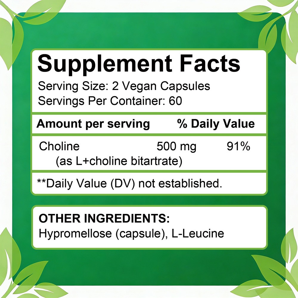 Choline Supplements 500mg Per Serving– Vegan And Non-Gmo – 30/60/120 Capsules