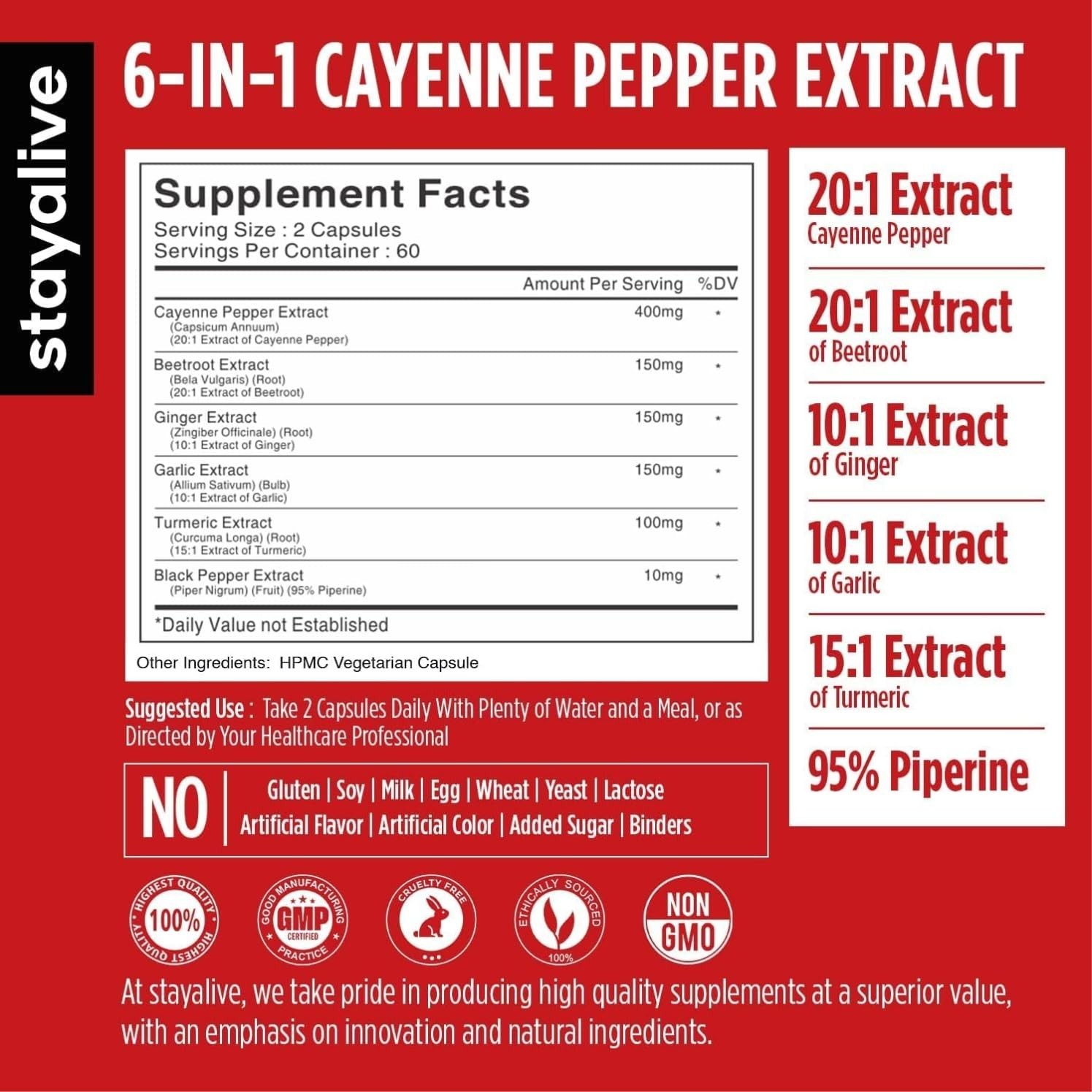 Cayenne Pepper Capsules, 6-in-1 Capsicum Blend w/Ginger, Garlic, Turmeric, Beet