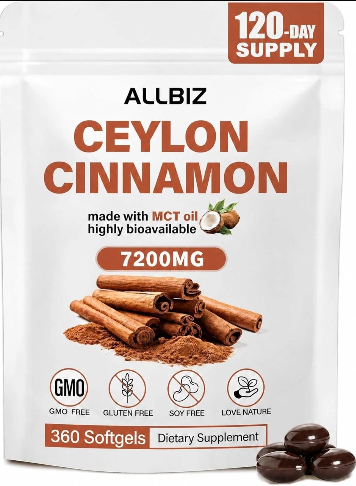 ALLBIZ Ceylon Cinnamon Softgels 360 Count with MCT Oil, Sourced from Sri Lanka.