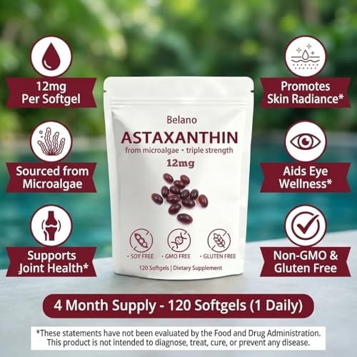 Astaxanthin 12mg – Non-GMO, Gluten Free, Easy to Swallow – 120 Softgels, 4 Month