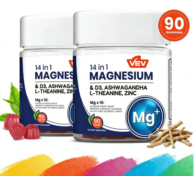 VEV 14-in-1 Magnesium Gummies – 10 Mg Types + D3, Ashwagandha – 90 Ct (2-Pack )