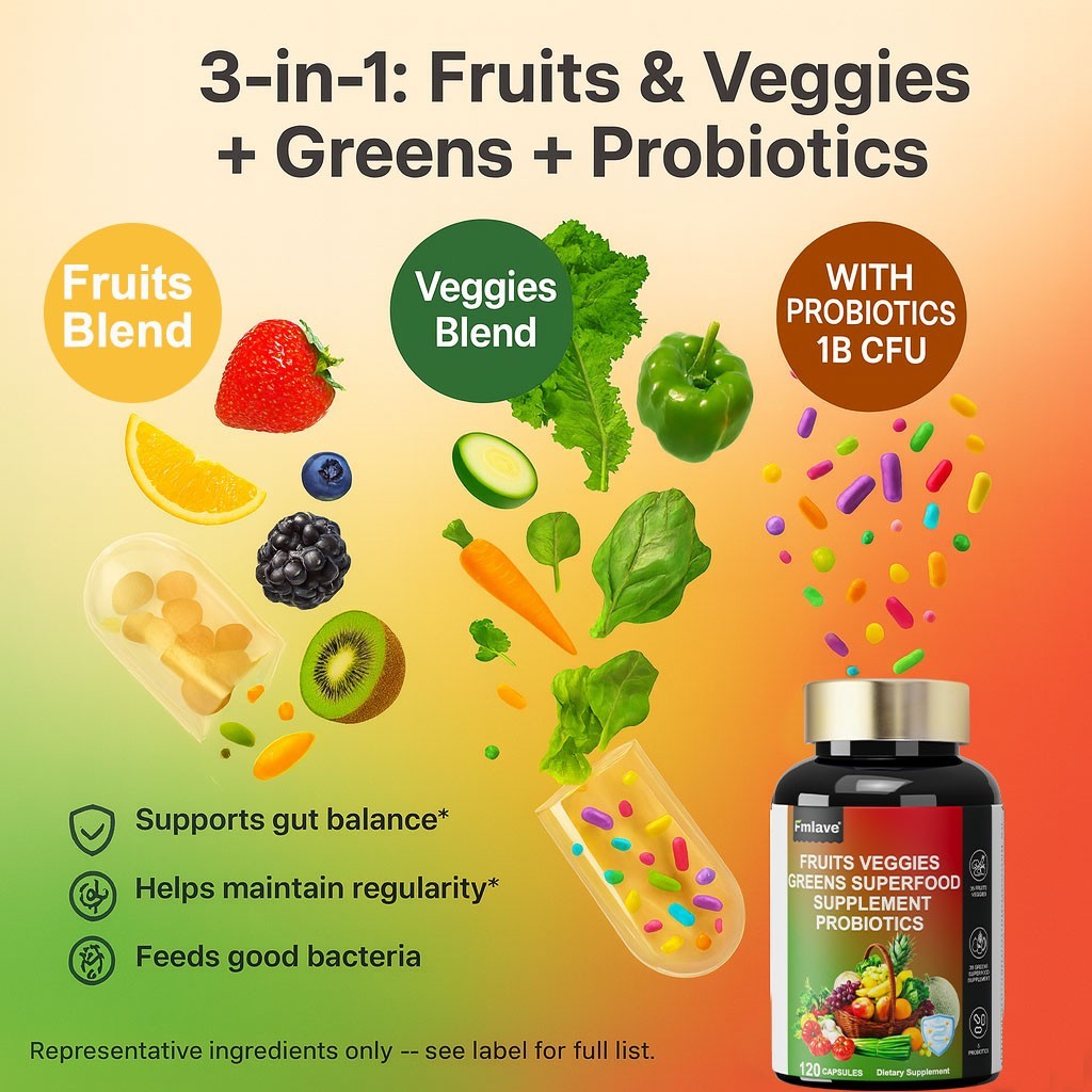 3pcs 70 Fruits and Veggies Whole Food Supplement w/ Probiotics for Gut 360 Count