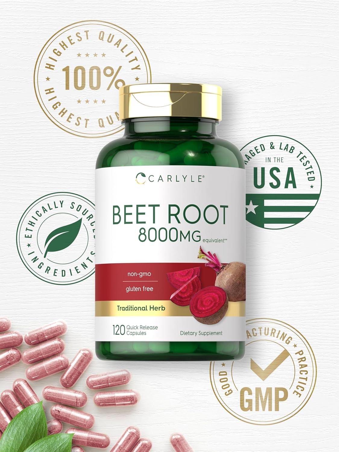 Carlyle Beet Root Capsules 8000mg, 120 Count, Non-GMO & Gluten Free