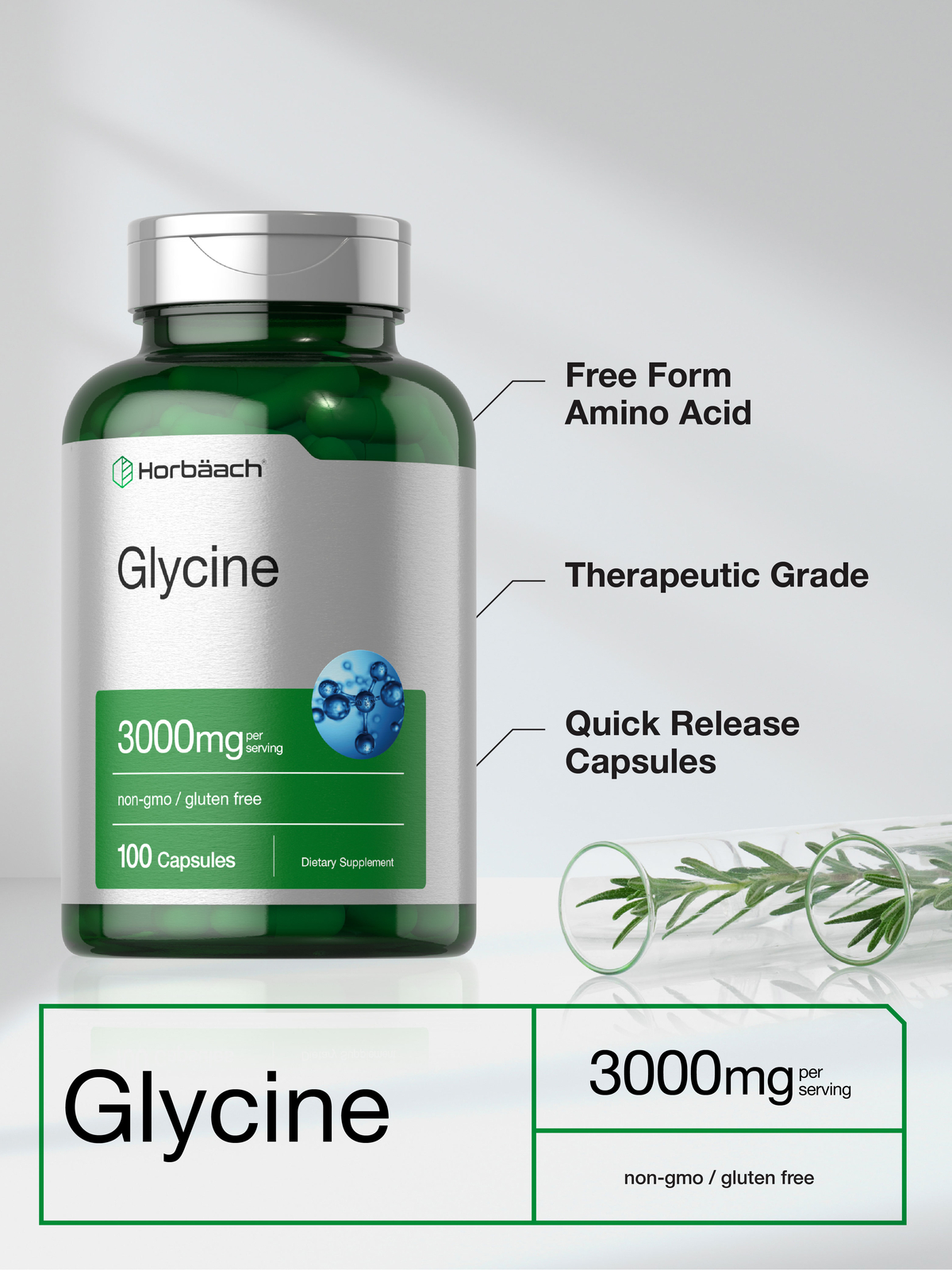Glycine Capsules | 3000 mg | 100 Count | Non-GMO, Gluten Free | by Horbaach