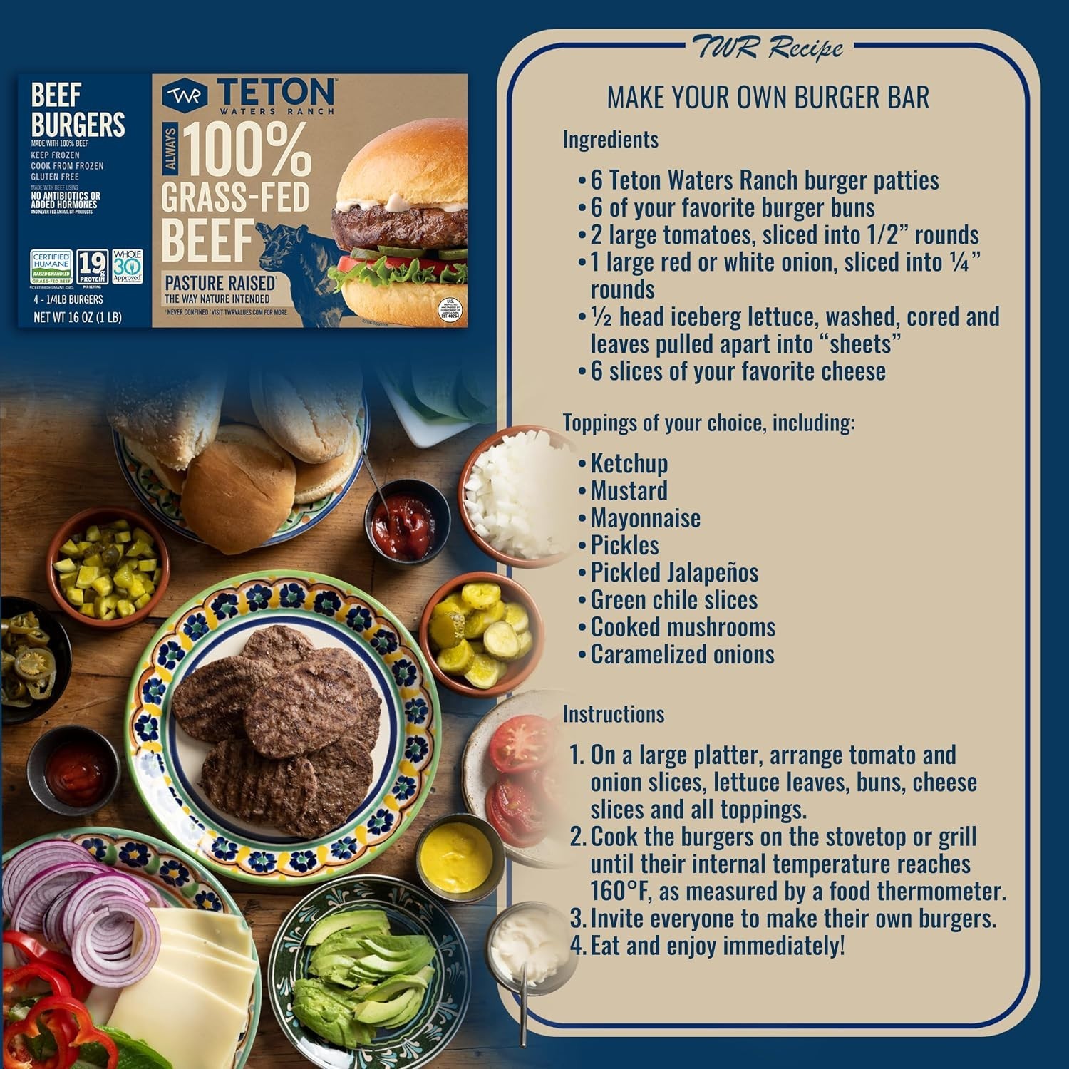 Convenient 100% Grass-Fed Beef Burgers, Frozen, Gluten Free, 4 Patties, 16 oz