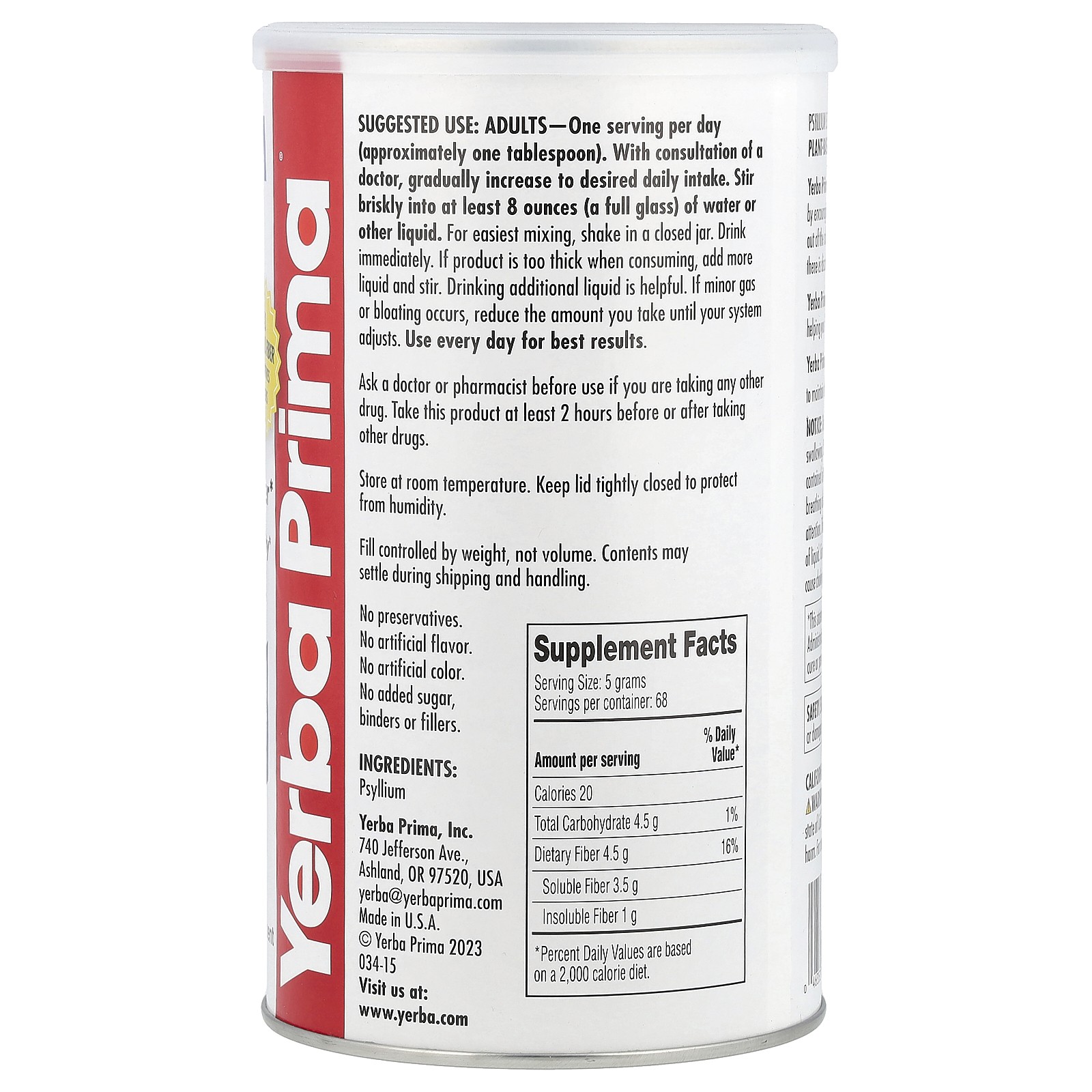 Yerba Prima Psyllium Whole Husks Colon Cleanser 12 oz 340 g Gluten-Free