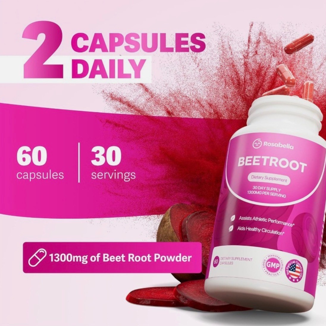 Rosabella Organic Beet Root Capsules for Circulation and Vitality Support 60ct