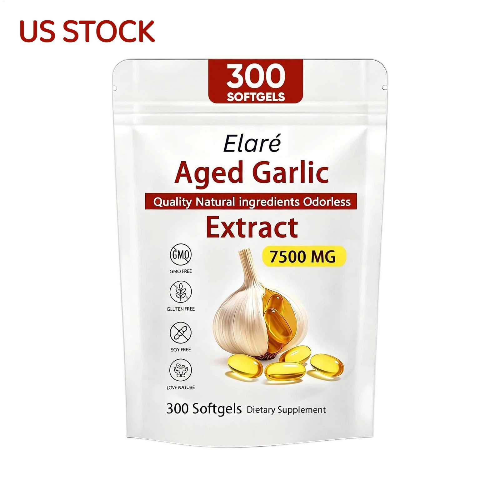 1 PACK Elare Aged Garlic Extract, 300 Softgels, 7500mg Odorless | Heart & Immune
