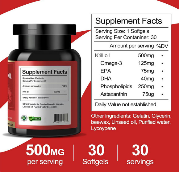 EKANG Krill Oil 500mg Omega 3 EPA DHA Astaxanthin 30/60/120Softgels