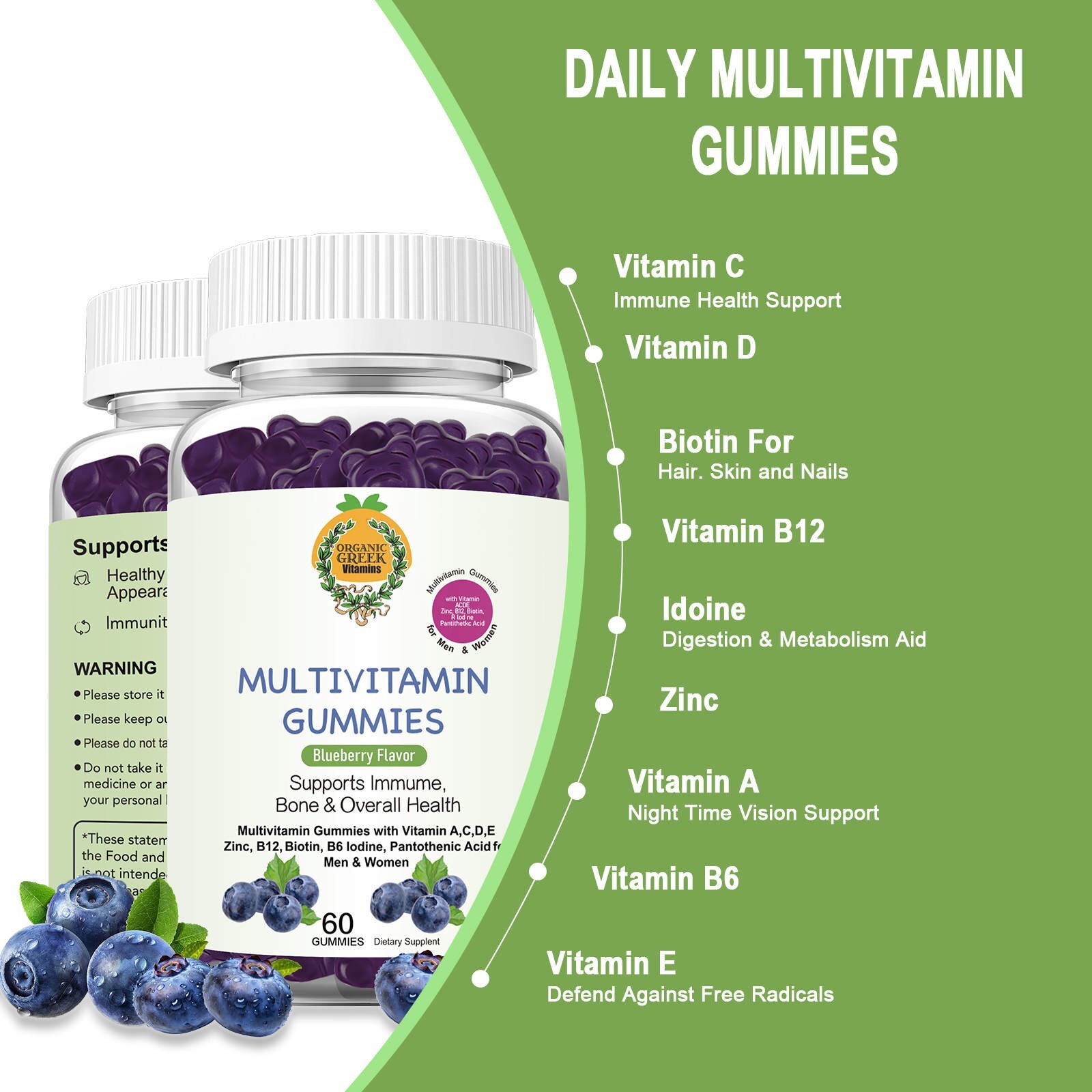 Adult Multivitamin Gummies with Zinc, Vitamin C, D3, B12, Biotin for Men & Women