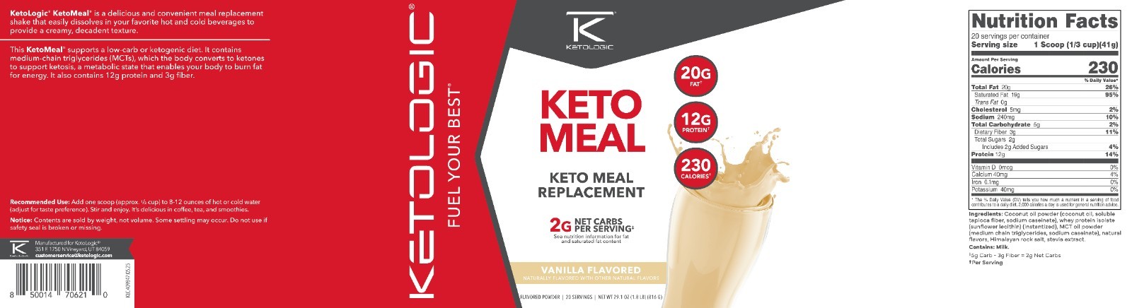 KetoLogic Keto Meal Replacement Shake Powder (Vanilla) (20 Servings)