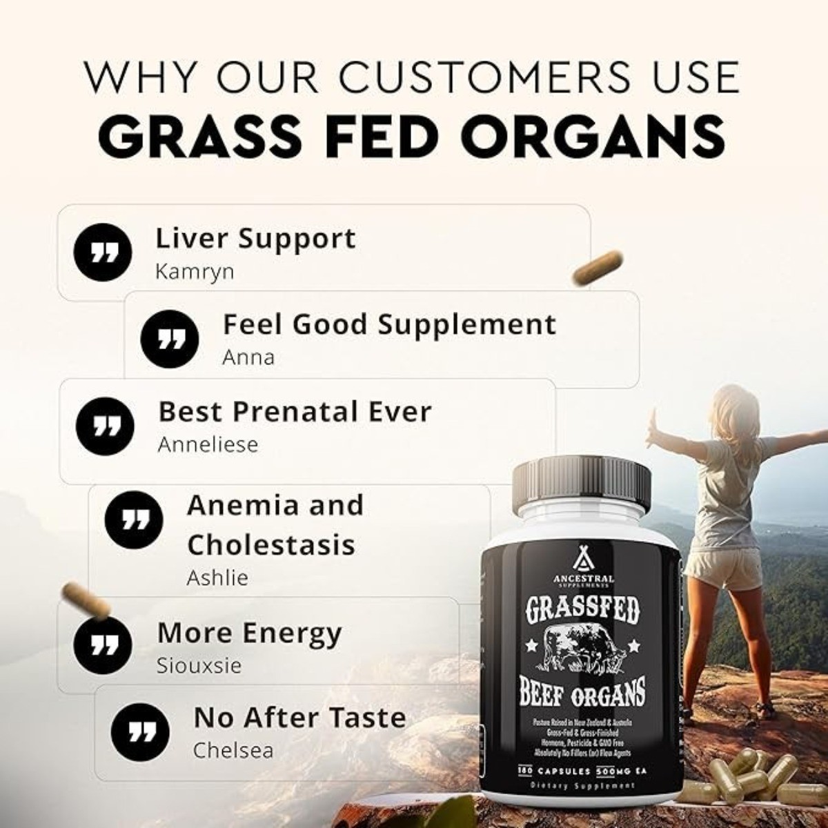 Ancestral Supplements Grass Fed Beef Organ Supplement – Non-GMO, 180 Capsules