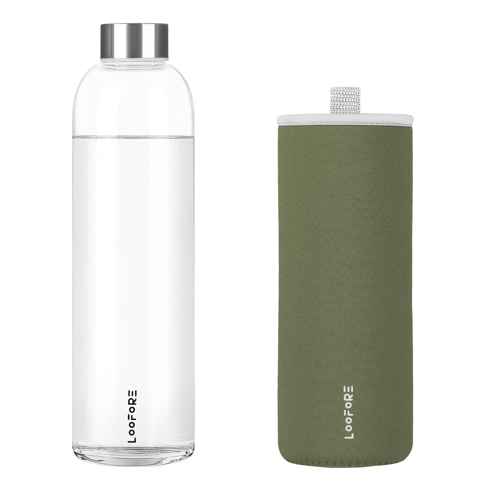 LOOFORE Glass Water Bottles 32 oz, 1 litre 33.8 Ounces, Olive Green