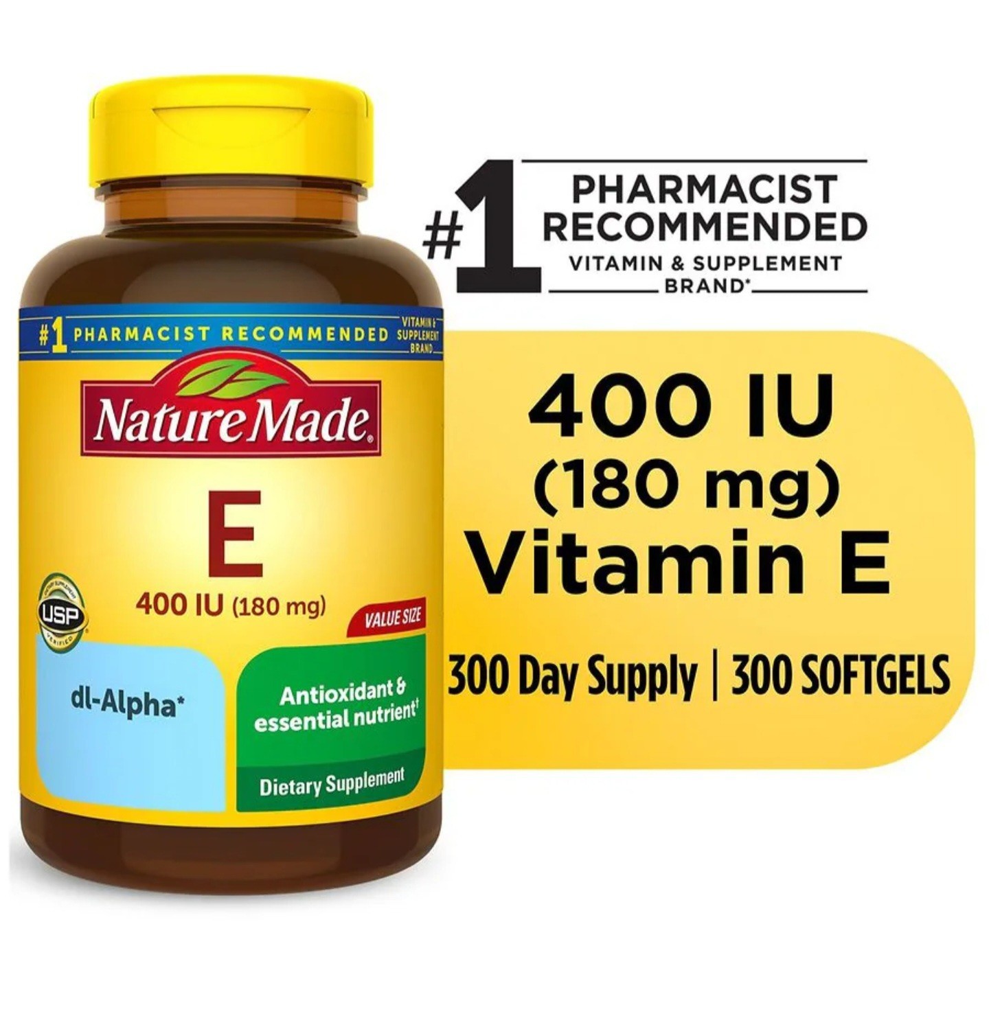 Nature Made Vitamin E 400 IU (180 mg) 300 Softgels Gluten-Free Antioxidant