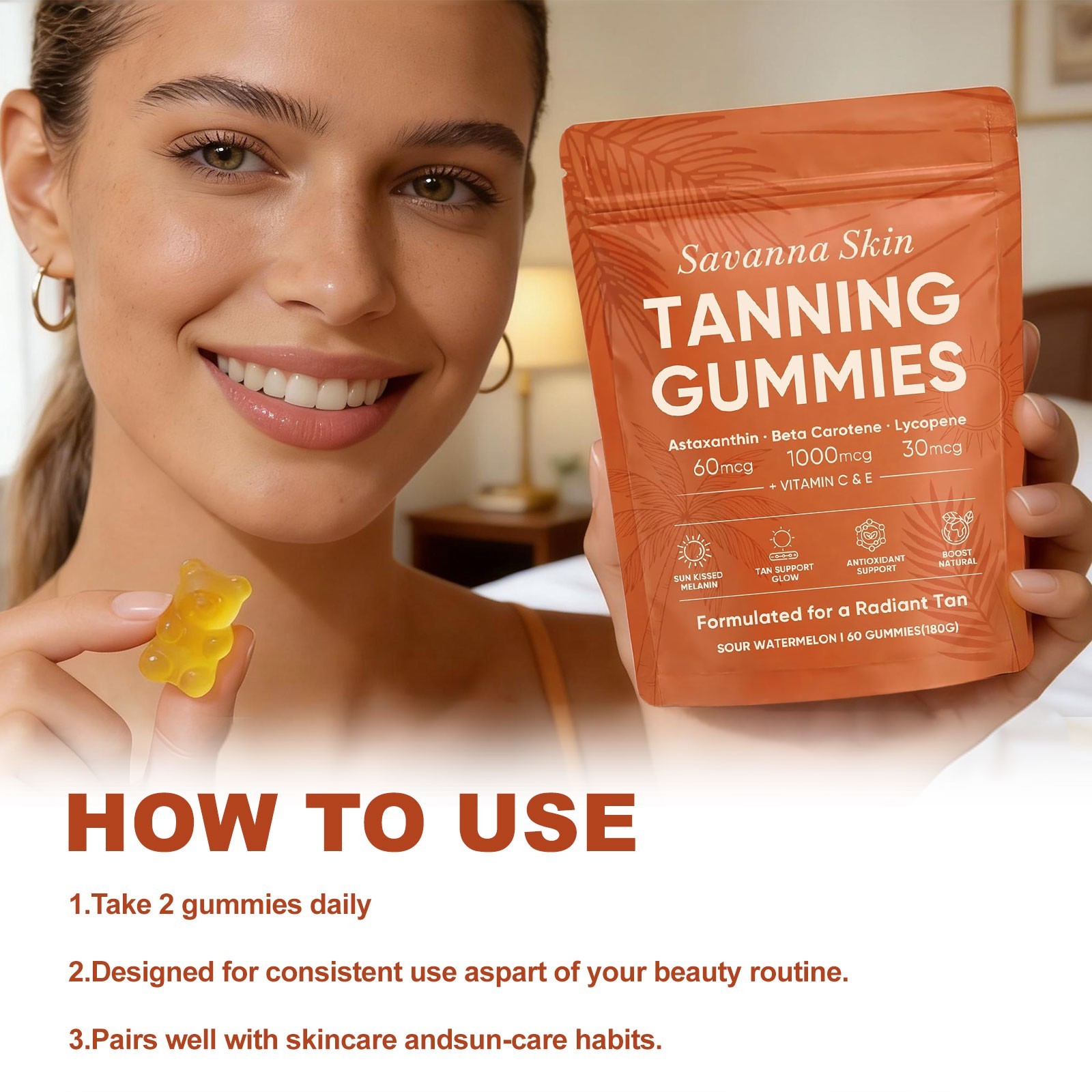 Savanna Skin Tanning with Gummies, Vitamin C & E, Astaxanthin, Beta Carotene