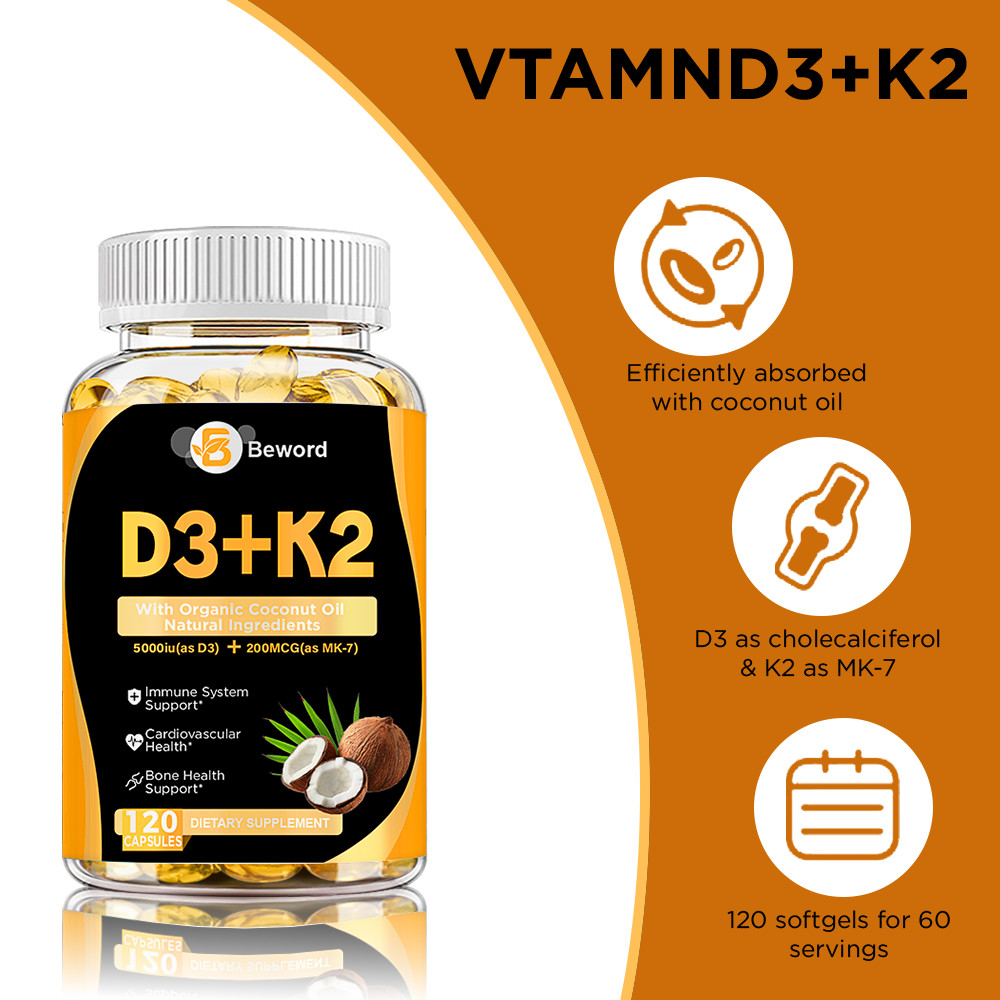 Vitamin D3 5000IU and K2 MK-7 200mcg – 120 Capsules – Immune Support Wellness