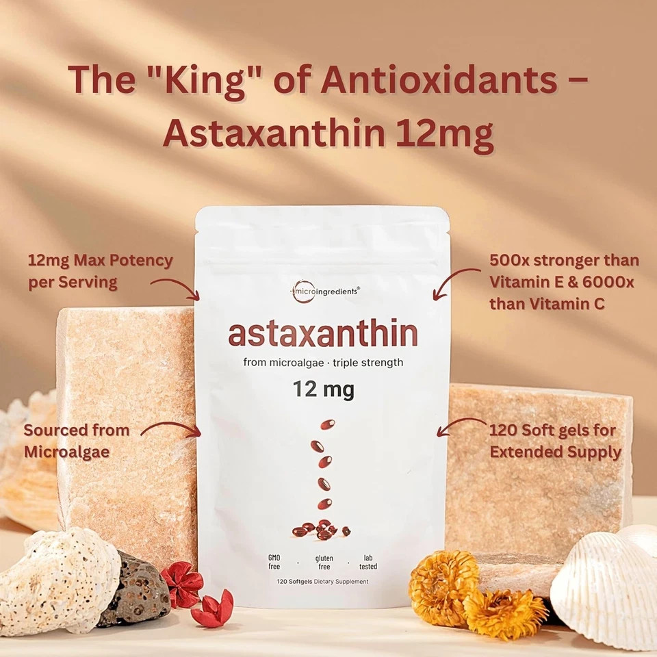 Astaxanthin 12mg Antioxidant Supplements Fresh Microalgae Eye Joint Skin Wellnes