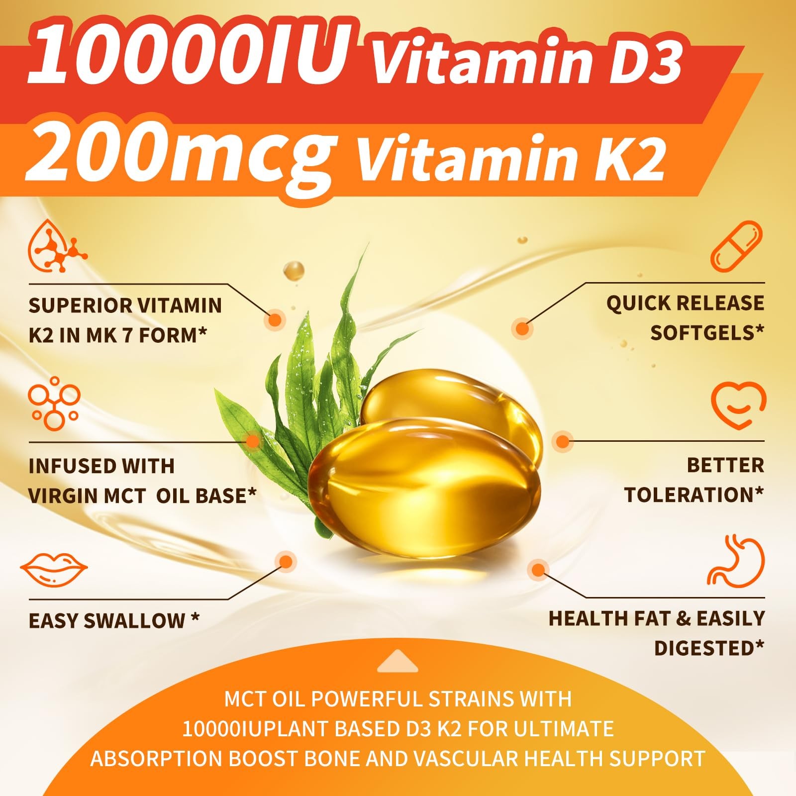 Vitamin D3 K2 10000 IU w/ MK7 for Bone, Immune & Heart 250 Count (Pack of 1)