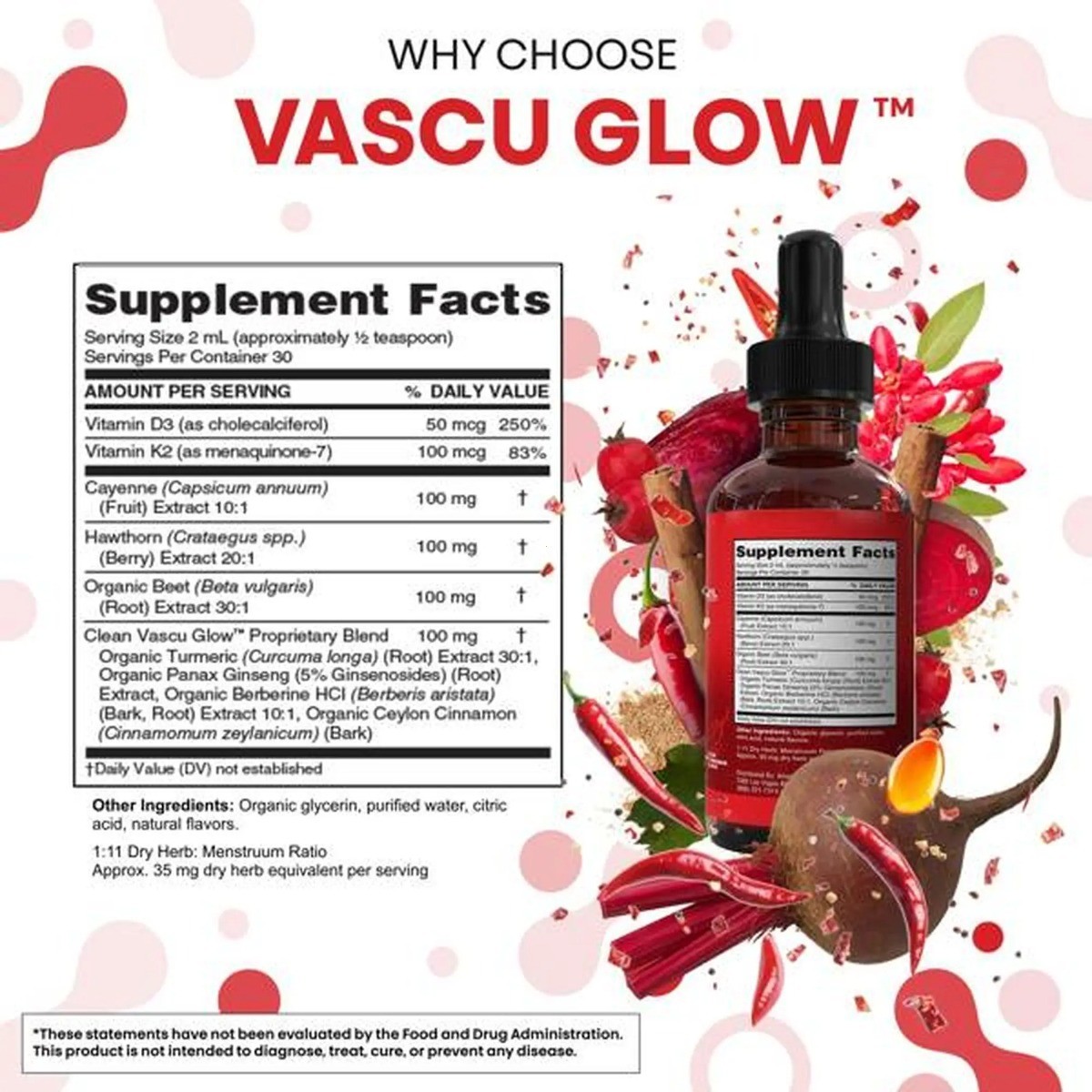 Clean Nutra Vascu Glow Cayenne Drops Herbal Blend Vit D3 K2 Wellness Liquid