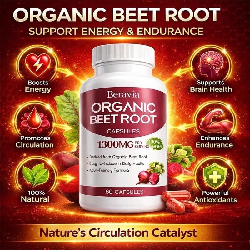Beravia Organic Beet Root Capsules, Purely Natural, Non-GMO 60-Counts