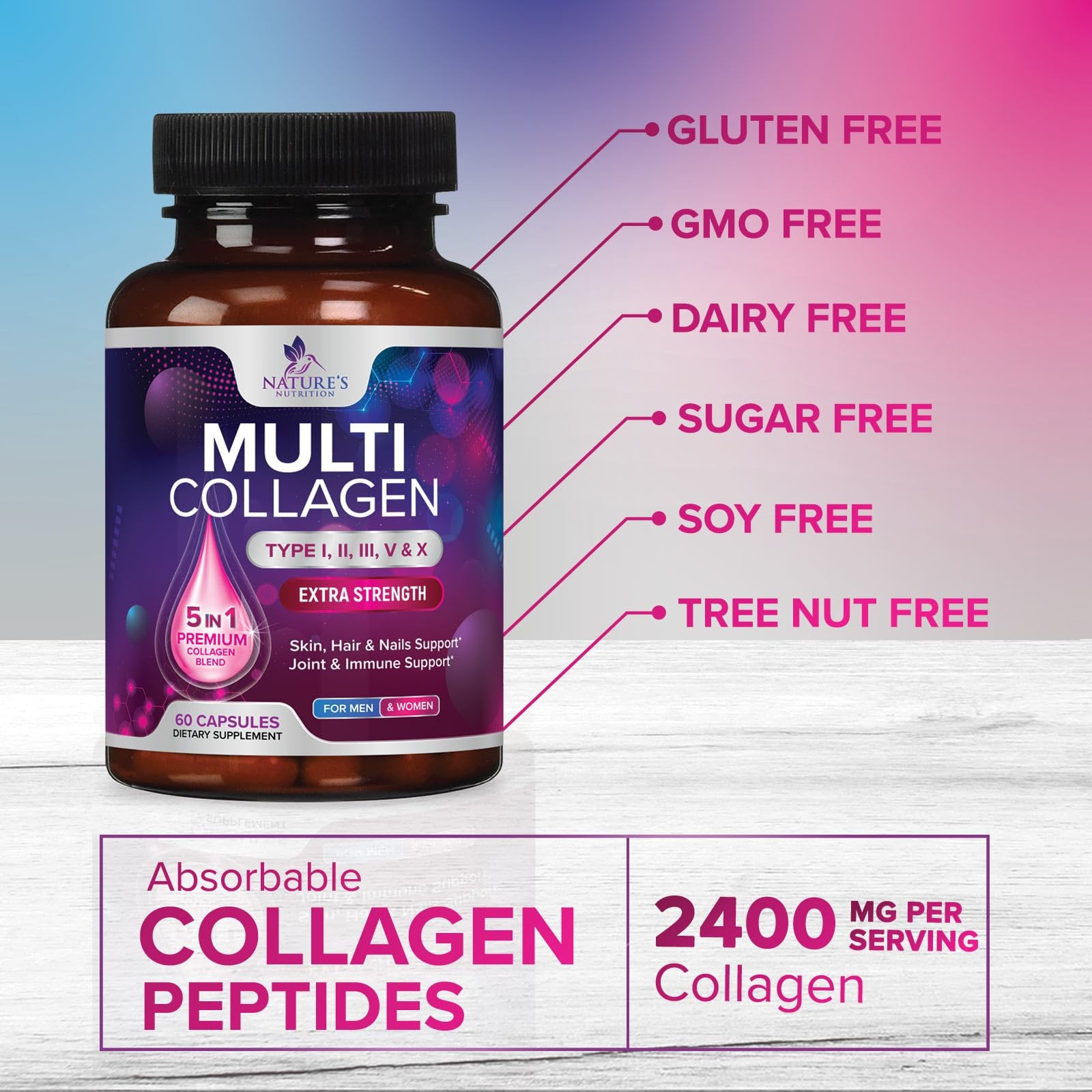 Multi Collagen Complex Pills – Hydrolyzed 60 Count (Pack of 1)