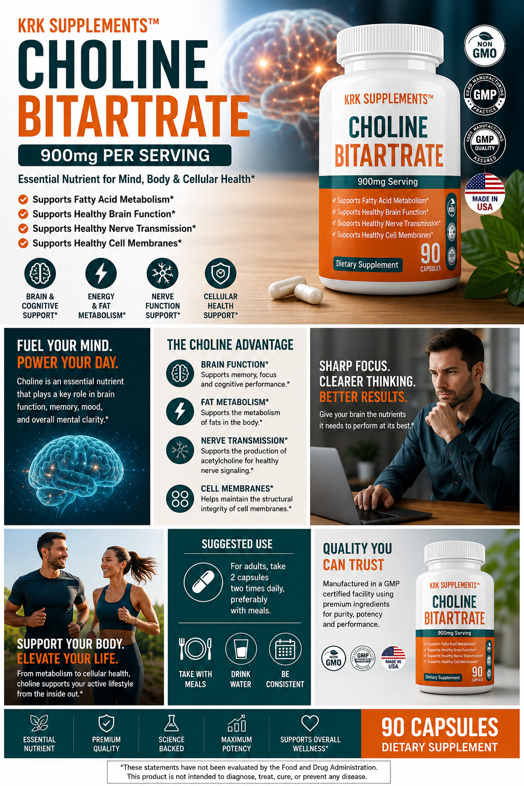 Choline Bitartrate 900mg per serving Brain Memory Booster Nootropic Fatty Liver