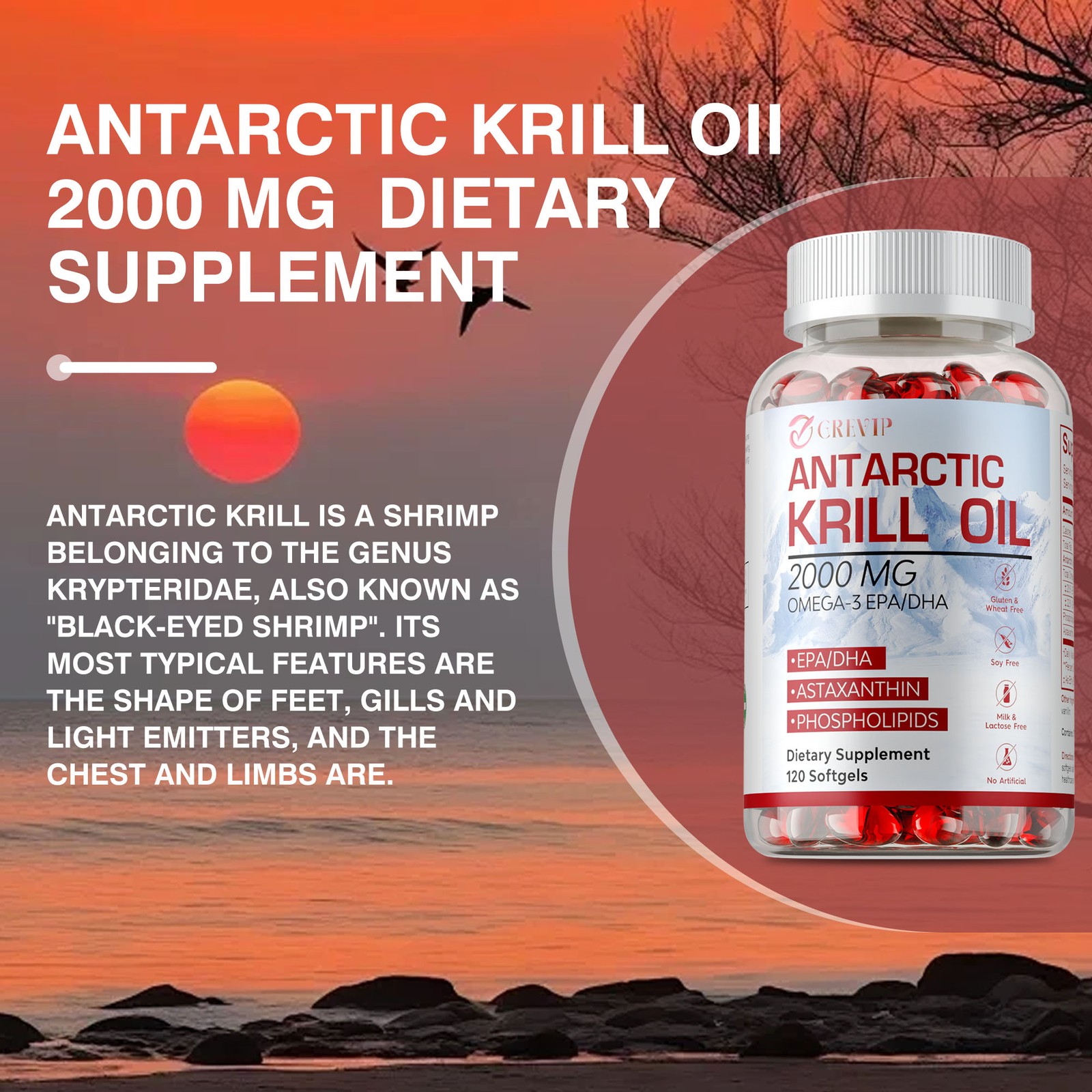 Antarctic Krill Oil 2000mg – Omega 3 EPA, DHA,Astaxanthin- Joints & Heart Health