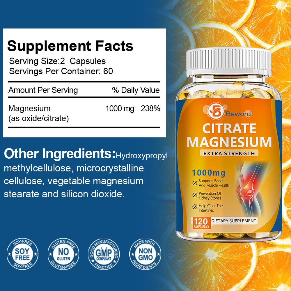Magnesium Citrate Capsules 1000mg Per Serving – Highest Potency 120 Capsules