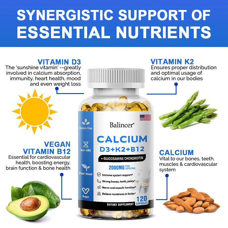 Balincer Calcium Vitamin D3 + K3 + B12, 2000 mg per serving, Non-GMO, Vegetarian