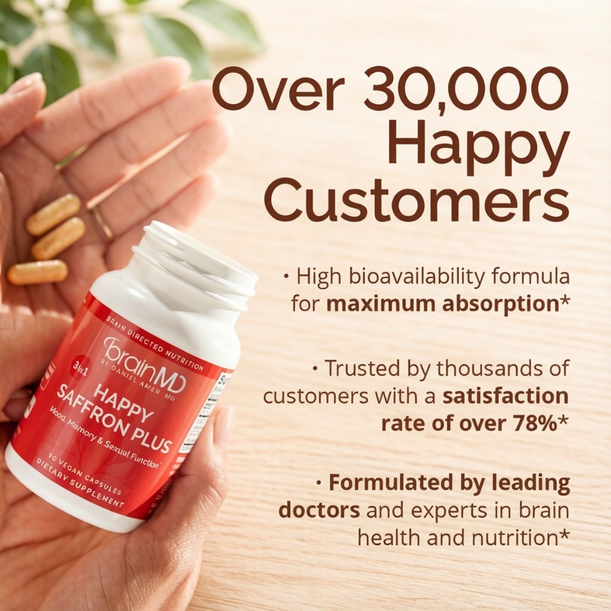 BrainMD Happy Saffron Plus Vegan Capsules Mood Memory Stress Support 90 Count
