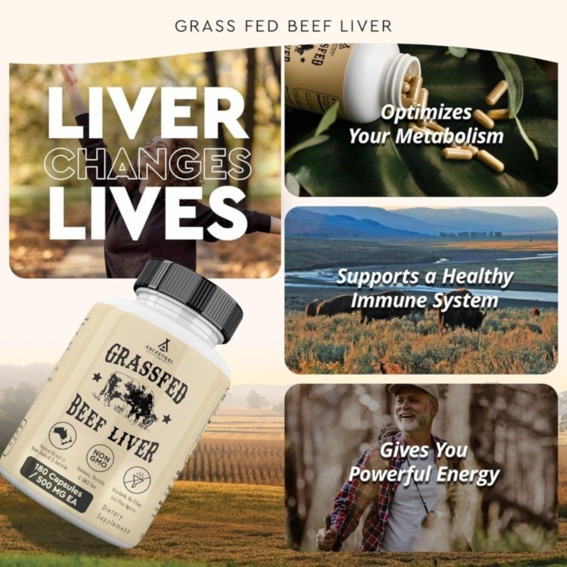 Ancestral Supplements new Grass Fed Beef Liver 3000mg 180Caps New Zeland NonGMO