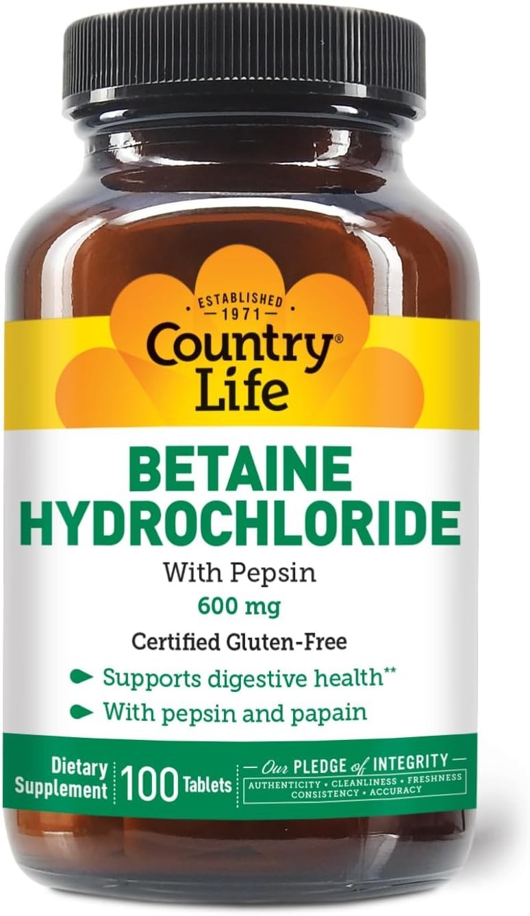 High-Purity 600mg Betaine Hydrochloride with Pepsin – 100 Hypoallergenic Tablets
