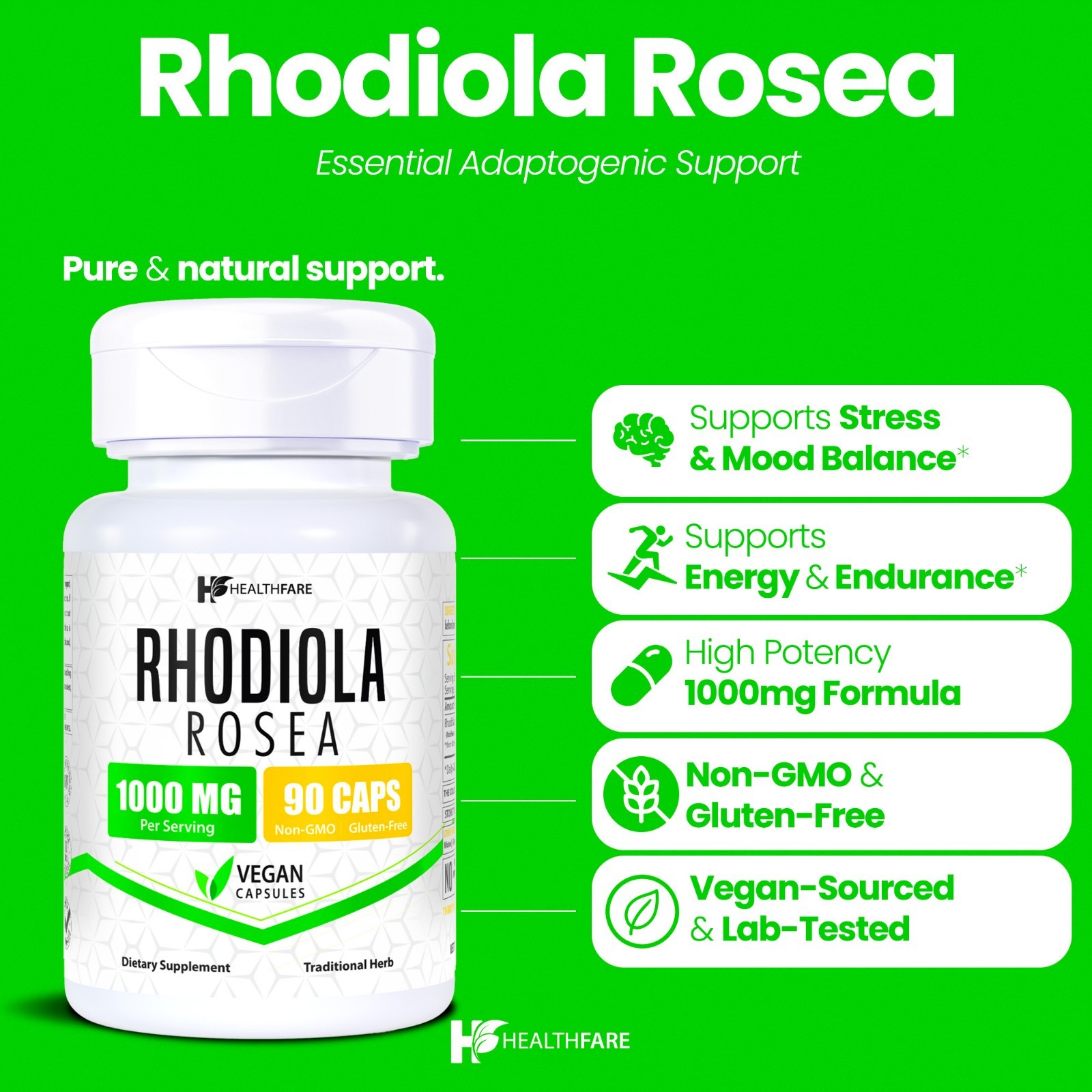 Healthfare Rhodiola Rosea Capsules 1000mg Equivalent | 90 Vegan Capsules