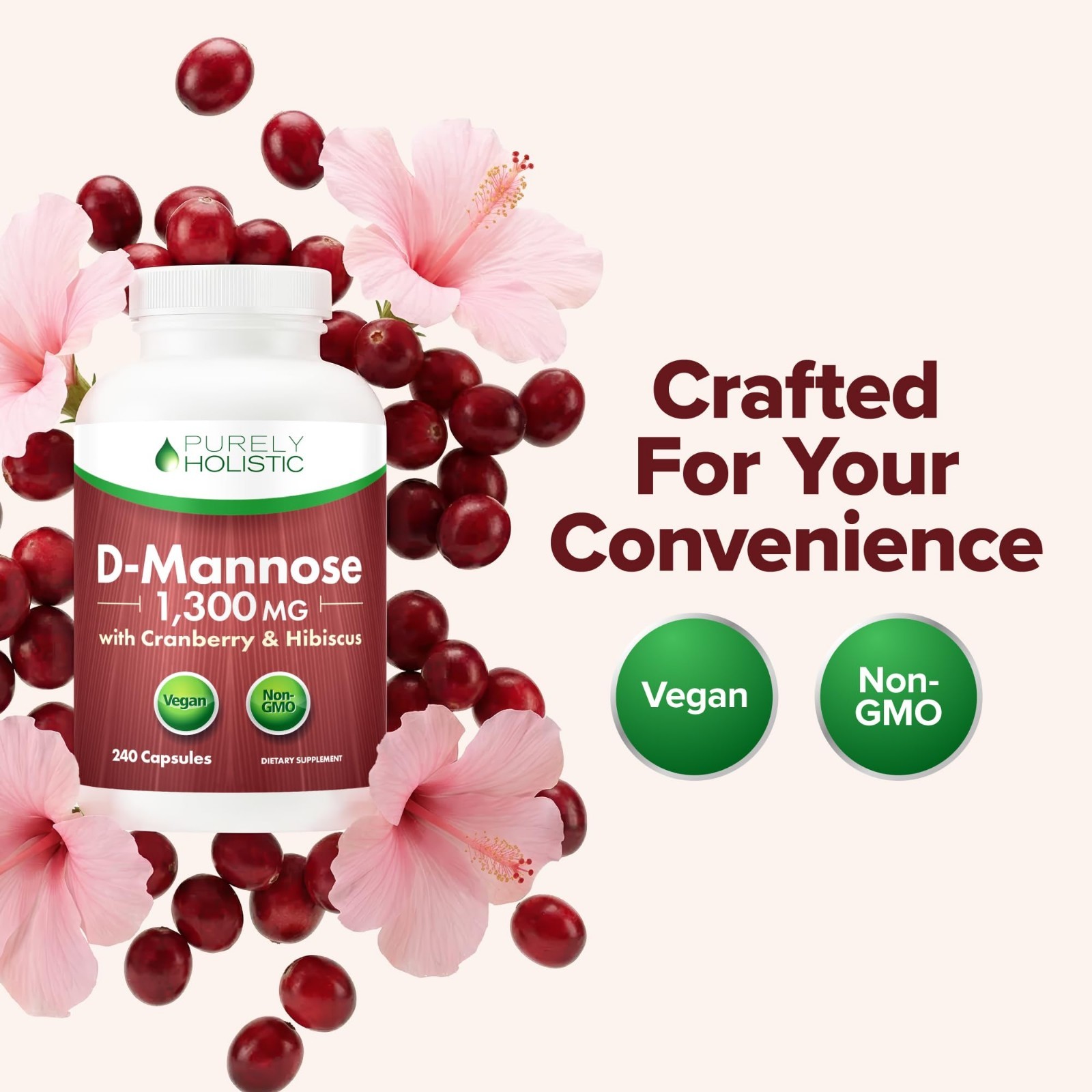D-Mannose & Cranberry Capsules | Urinary Tract Support | 1300mg, 240 Ct, Non-GMO
