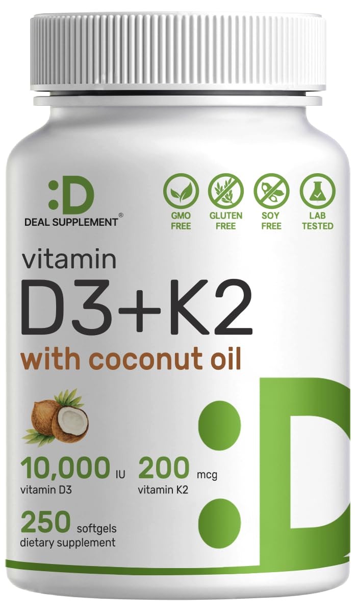 DEAL SUPPLEMENT Vitamin D3 10,000 IU + K2 MK7 250 Count (Pack of 1), Red