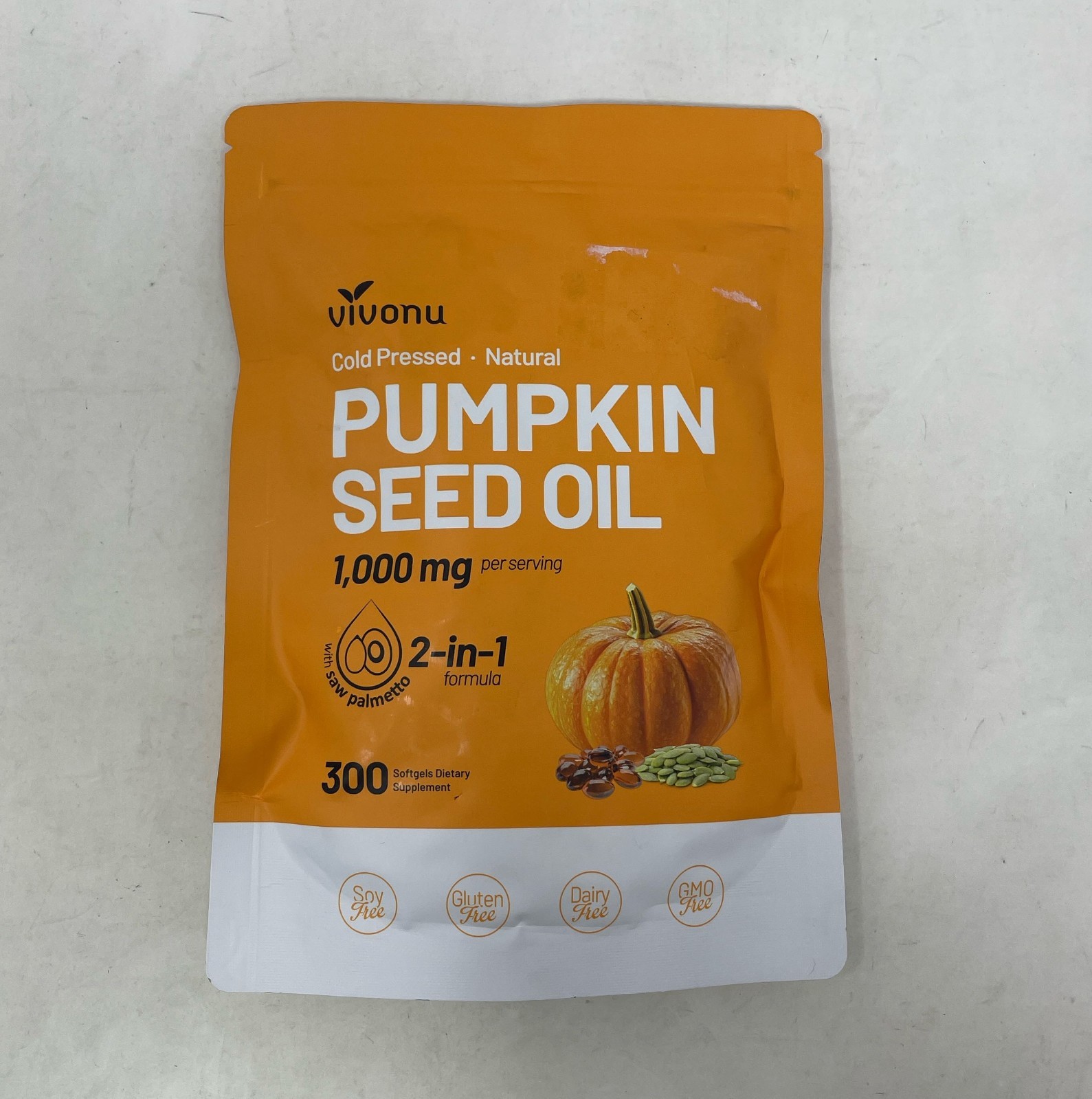Vivonu Pumpkin Seed Oil + Saw Palmetto 300 Softgels, Cold-Pressed 1000 mg Orange