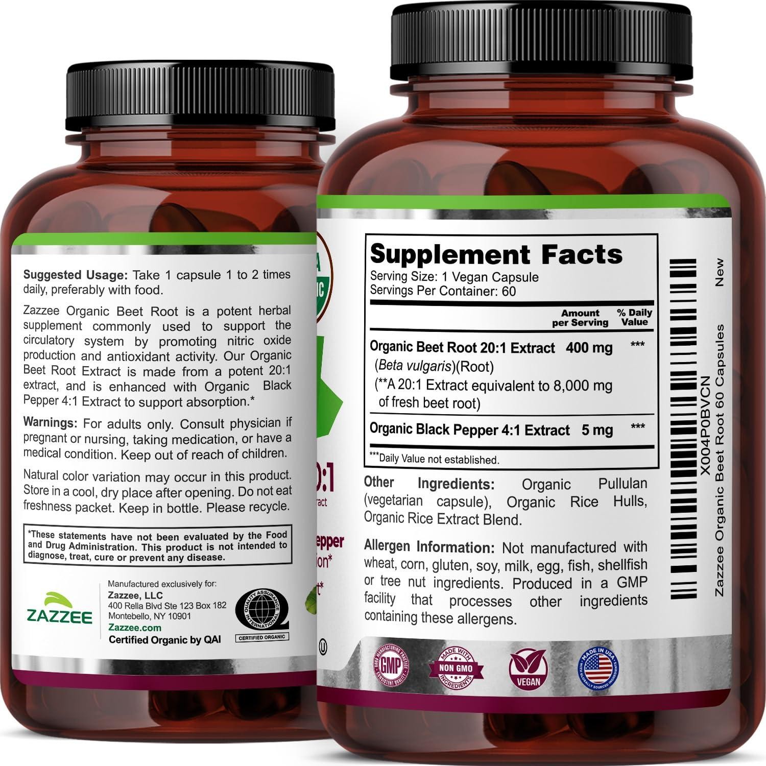 USDA Organic Beet Root 8000 mg Strength 20:1 Extract, 60 Vegan Capsules, Kosher