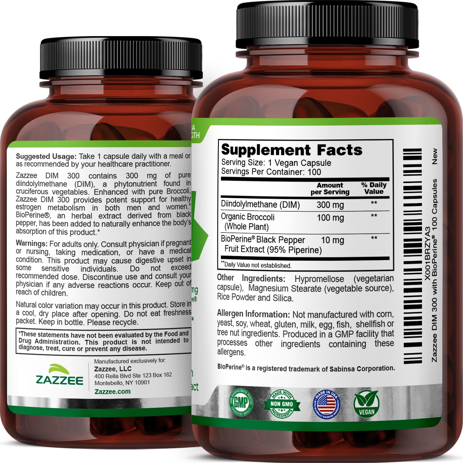 DIM Supplement (Diindolylmethane) 300 mg with 10 mg BioPerine 100 Count Vegan