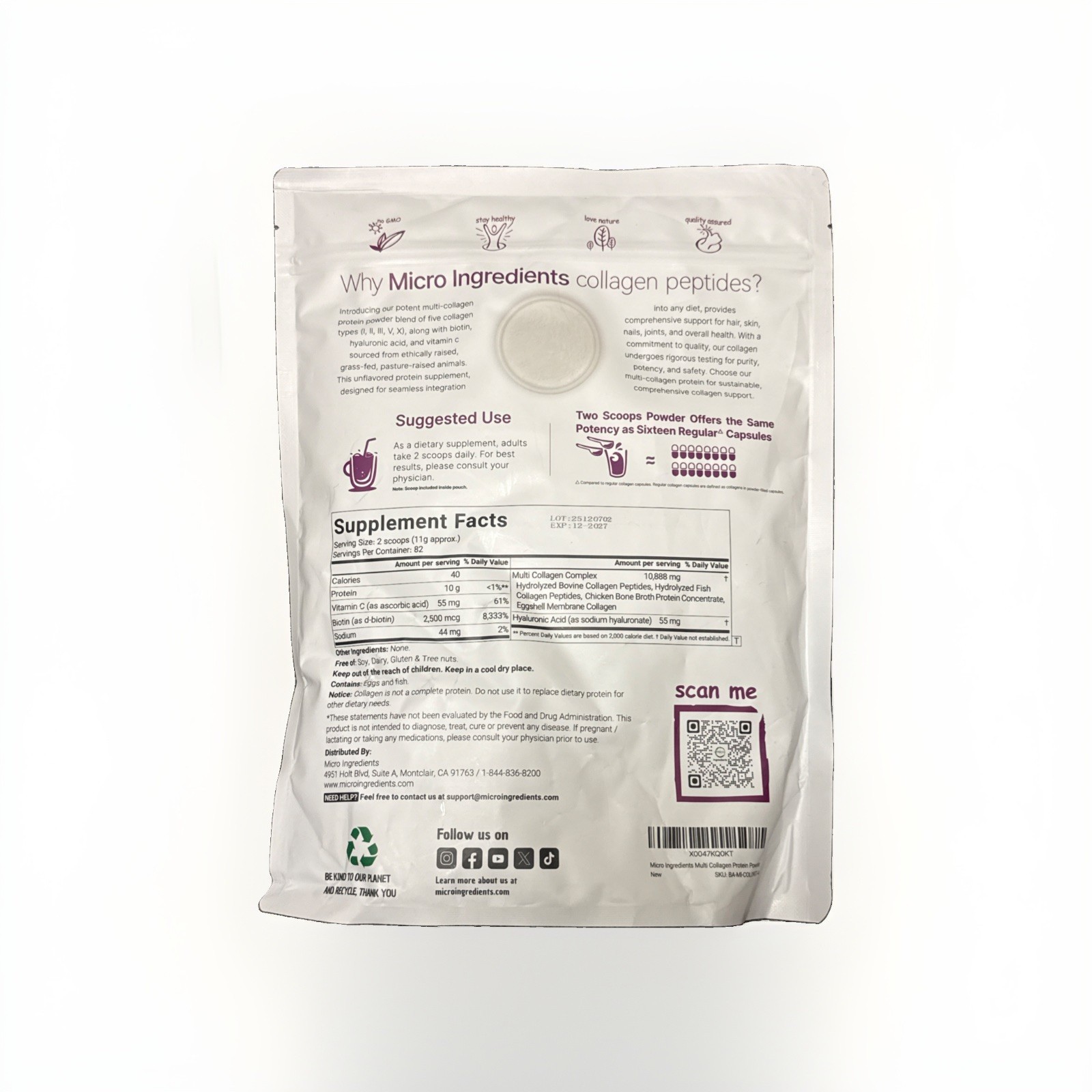 Huge Micro ingredient collagen peptides powder 2 lb Bag!