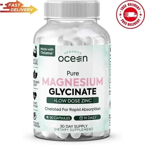 Pure Ocean Organics Magnesium Glycinate Low Dose Zinc Chelated 90 Capsules NEW