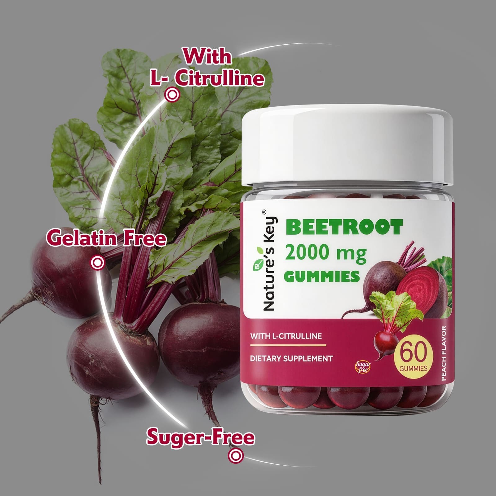 Nature’s Key Sugar Free Beet root Gummies–60 Gummies for Blood Flow & Heart